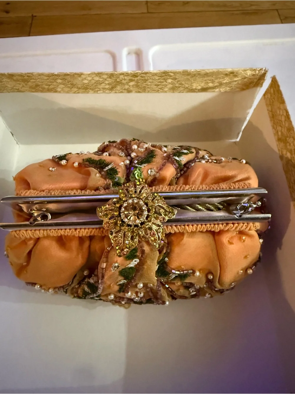 Embellished Peach Evening Clutch with Crystal Floral Clasp Larisa Barrera